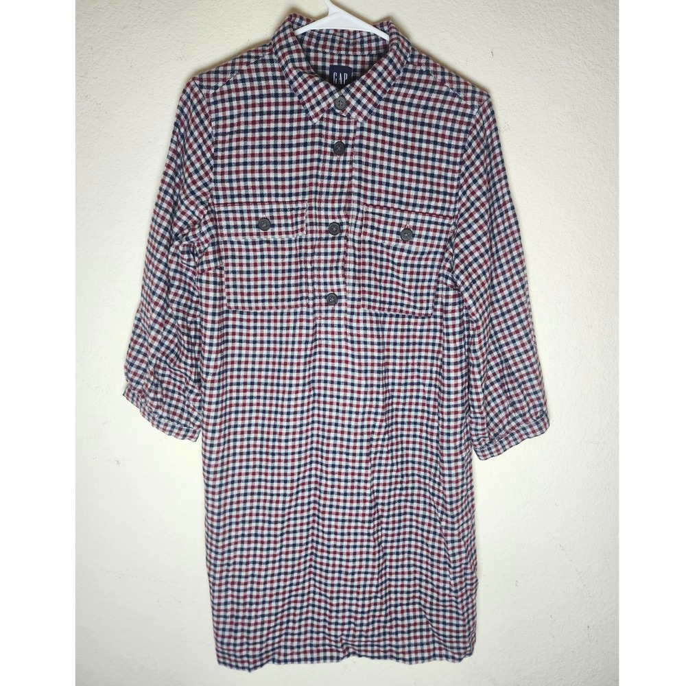 Gap Shirt Dress Women M Red Blue Plaid Double Pocket Cotton Flannel Tunic